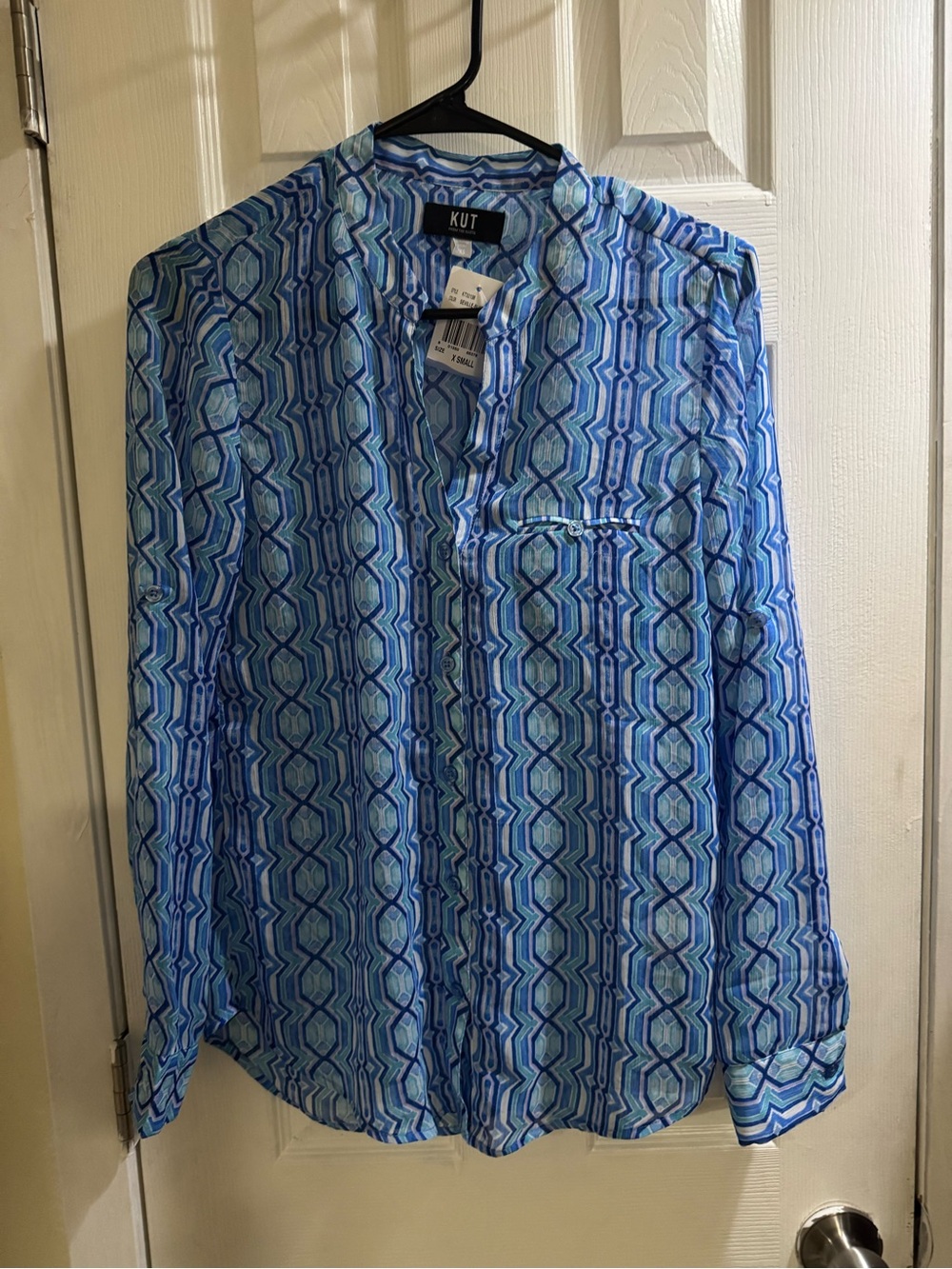 KUT From The Kloth Seville Blue Geo Print Roll Tab Blouse Size XS Sheer NWT